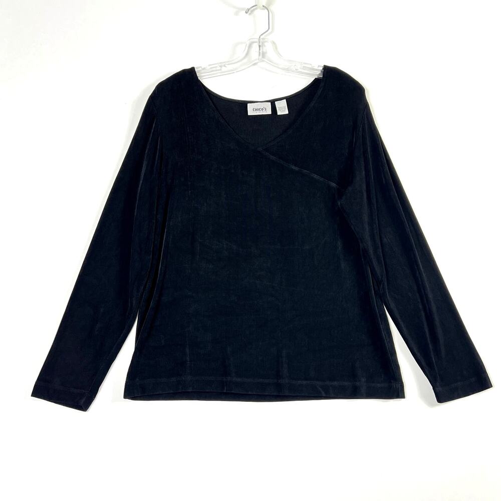 Chicos Travelers Long Sleeve V Neck Pullover Top Black Womens 2 Large USA